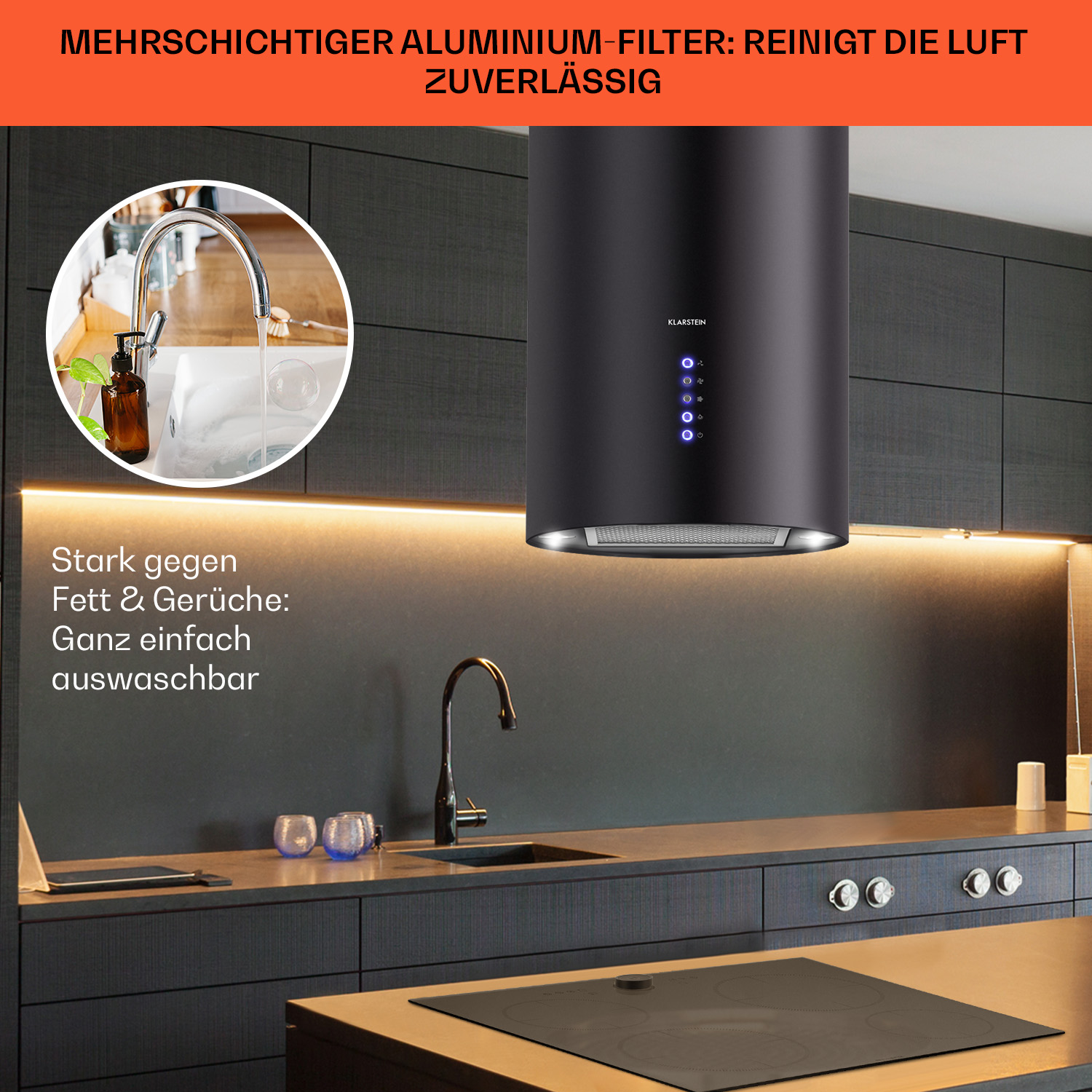 Una cucina moderna con cappa, fornello e lavello neri. Il testo in alto recita: "Filtro in alluminio multistrato: pulisce l'aria in modo affidabile."