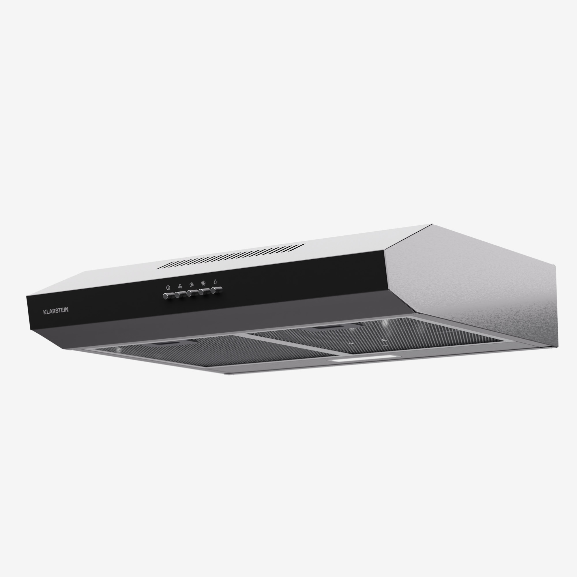 Una campana de cocina moderna en plata y negro. Tiene botones y un filtro. La marca es Klarstein.