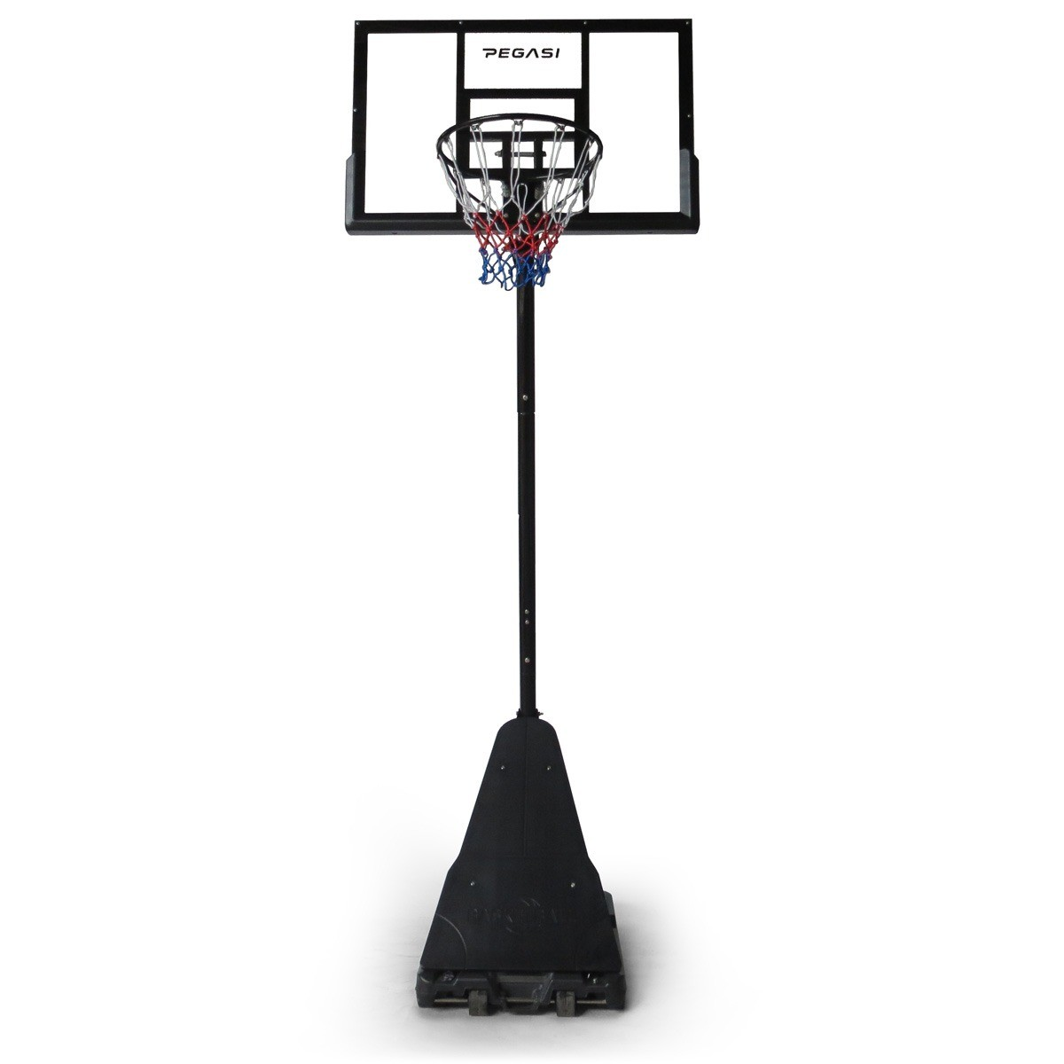 A basketball hoop stands on a white background. It has a black frame, white backboard, net with red, white and blue colors.
