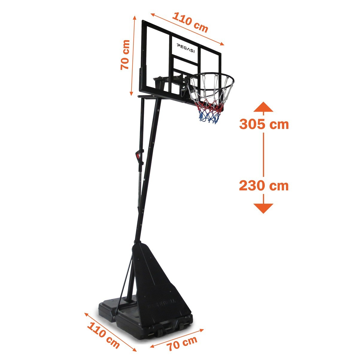 A basketball hoop on a black stand. Measurements of the backboard and the height are indicated by arrows. The net is blue and red.