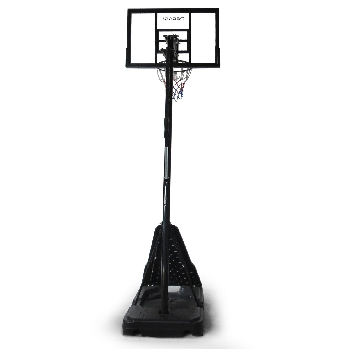 A black basketball hoop stands on a white background. The backboard is transparent. The net has colored stripes.
