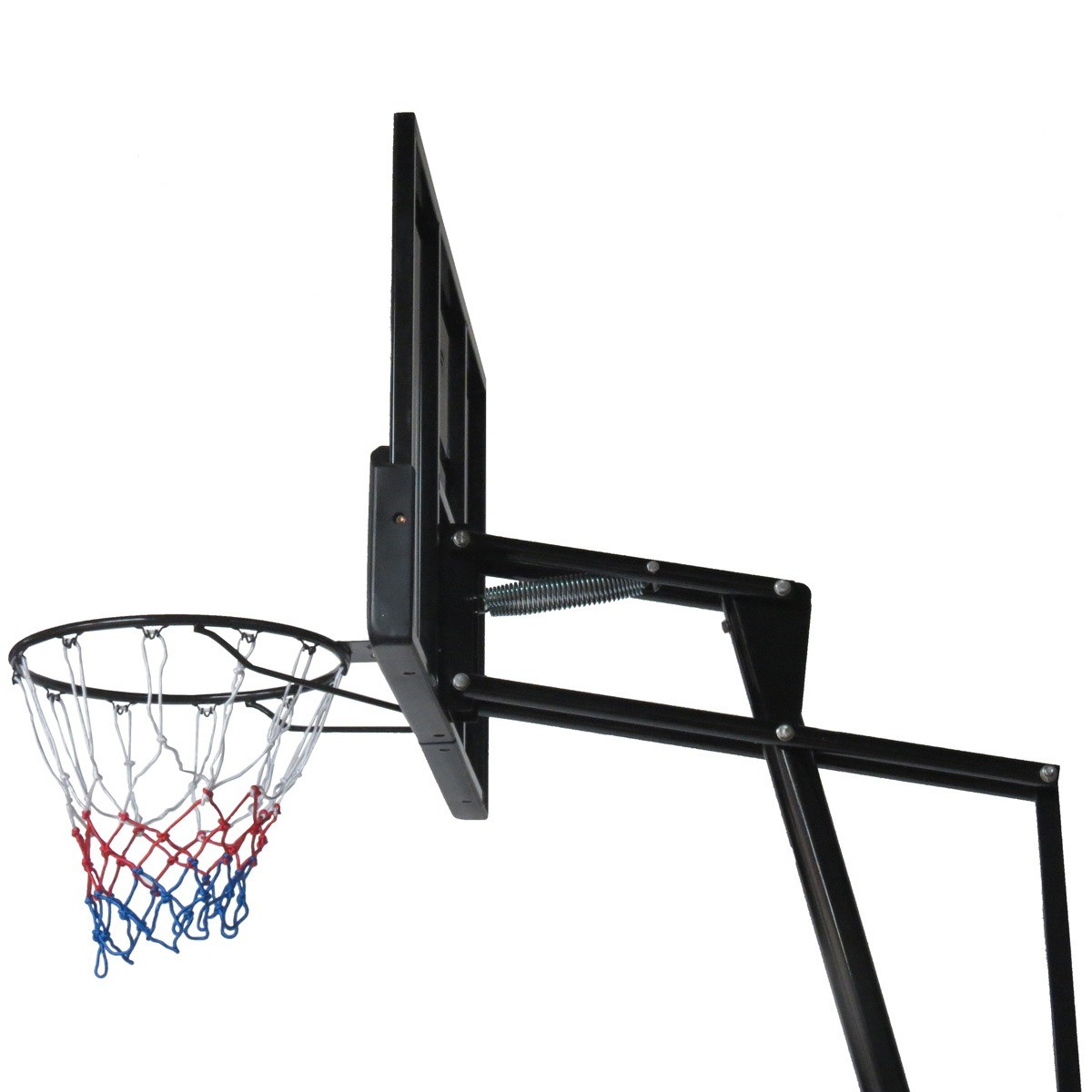 A basketball hoop with a black frame and net. The net has red, white, and blue colors. The backboard is black.