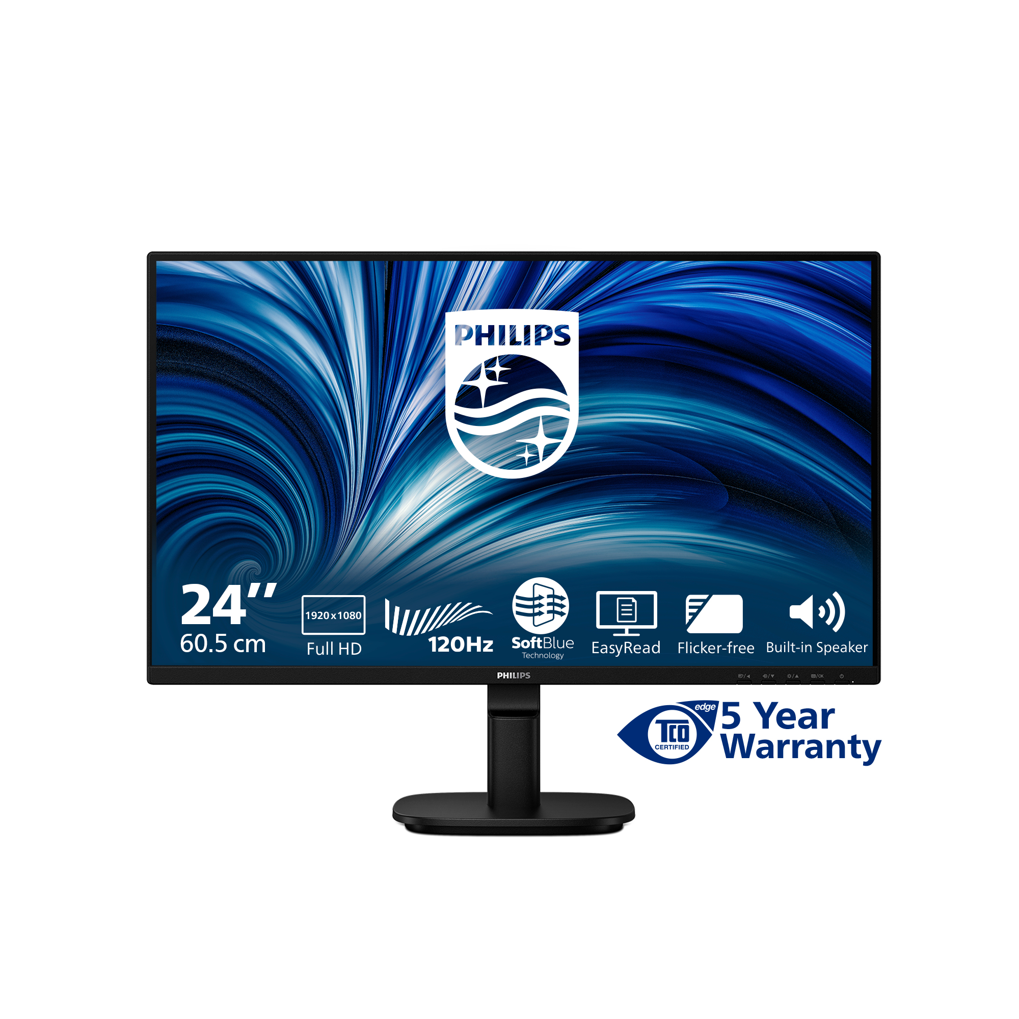 Monitor Philips z niebieskim abstrakcyjnym tłem, z 24", 120Hz, Full HD i 5-letnią gwarancją.