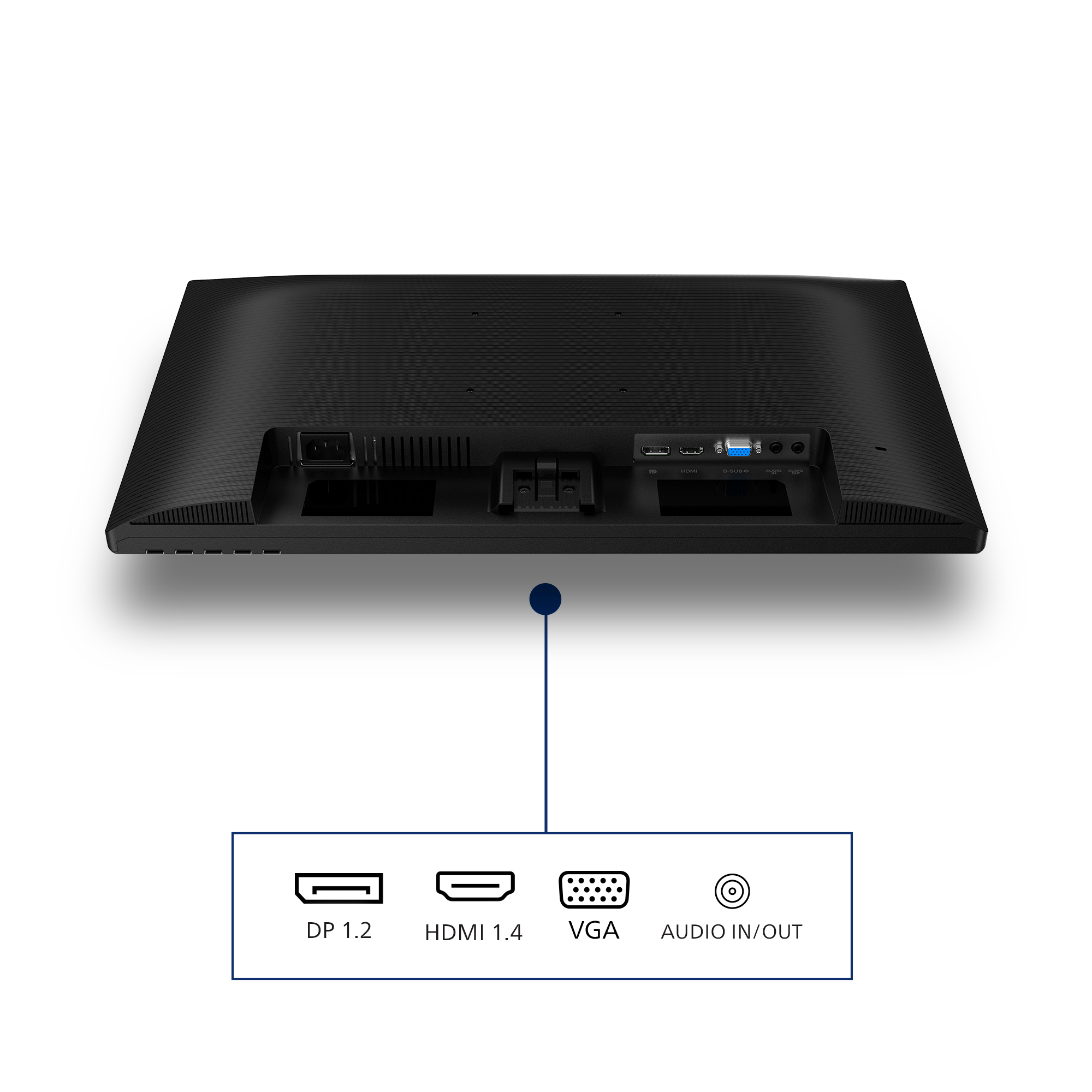 Widok z tyłu czarnego monitora komputerowego. Porty: DP 1.2, HDMI 1.4, VGA i audio in/out są opisane.