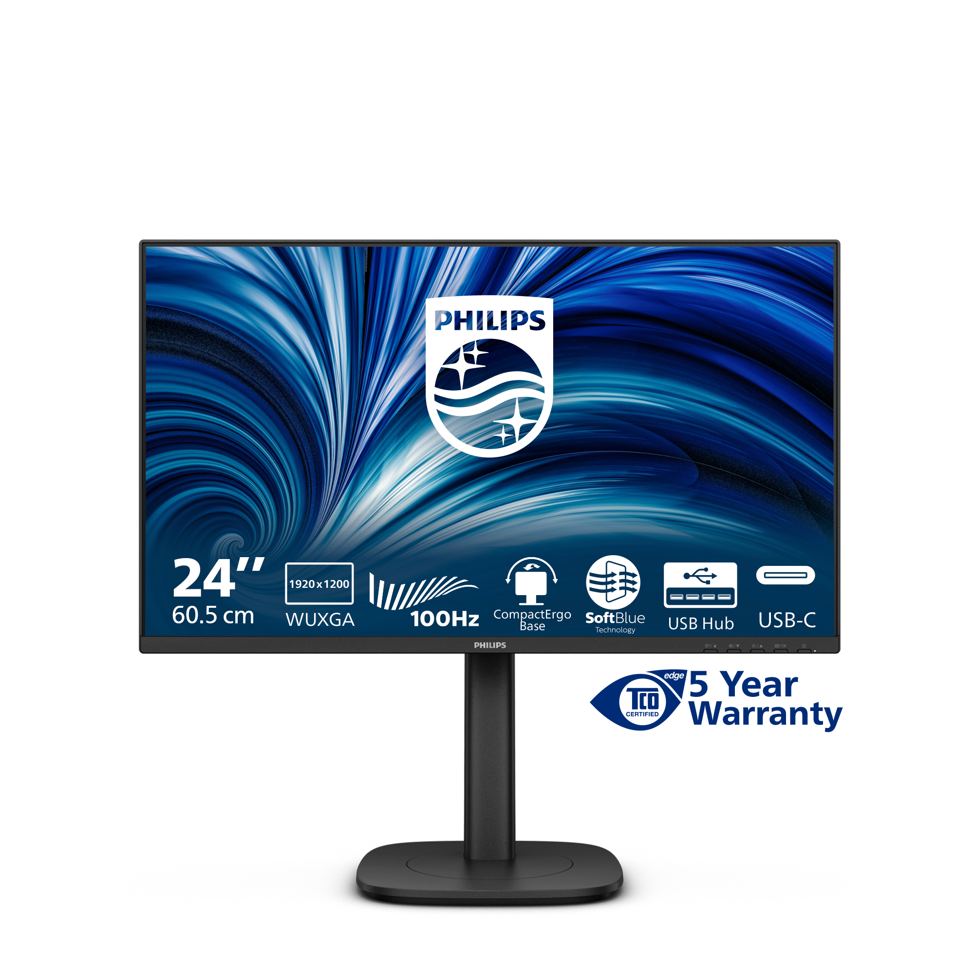 Un monitor Philips con sfondo blu a onde. Ha un supporto nero e 5 anni di garanzia.