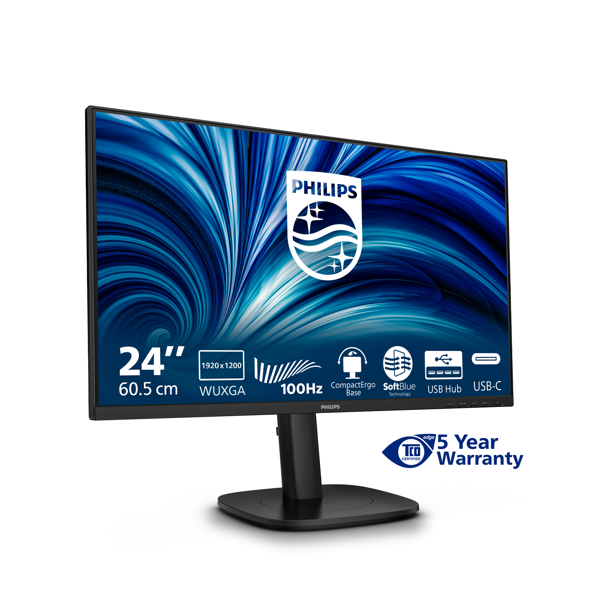 Un monitor Philips con sfondo blu a onde. Ha una cornice nera e un supporto. Lo schermo mostra il logo Philips.