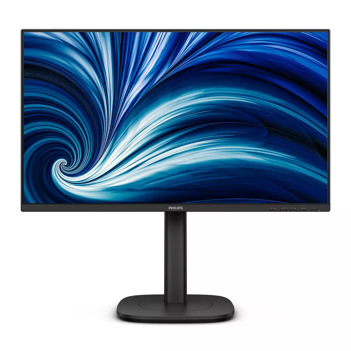 Un monitor Philips con un motivo a spirale blu e bianco sullo schermo, supporto e base neri e il logo Philips.
