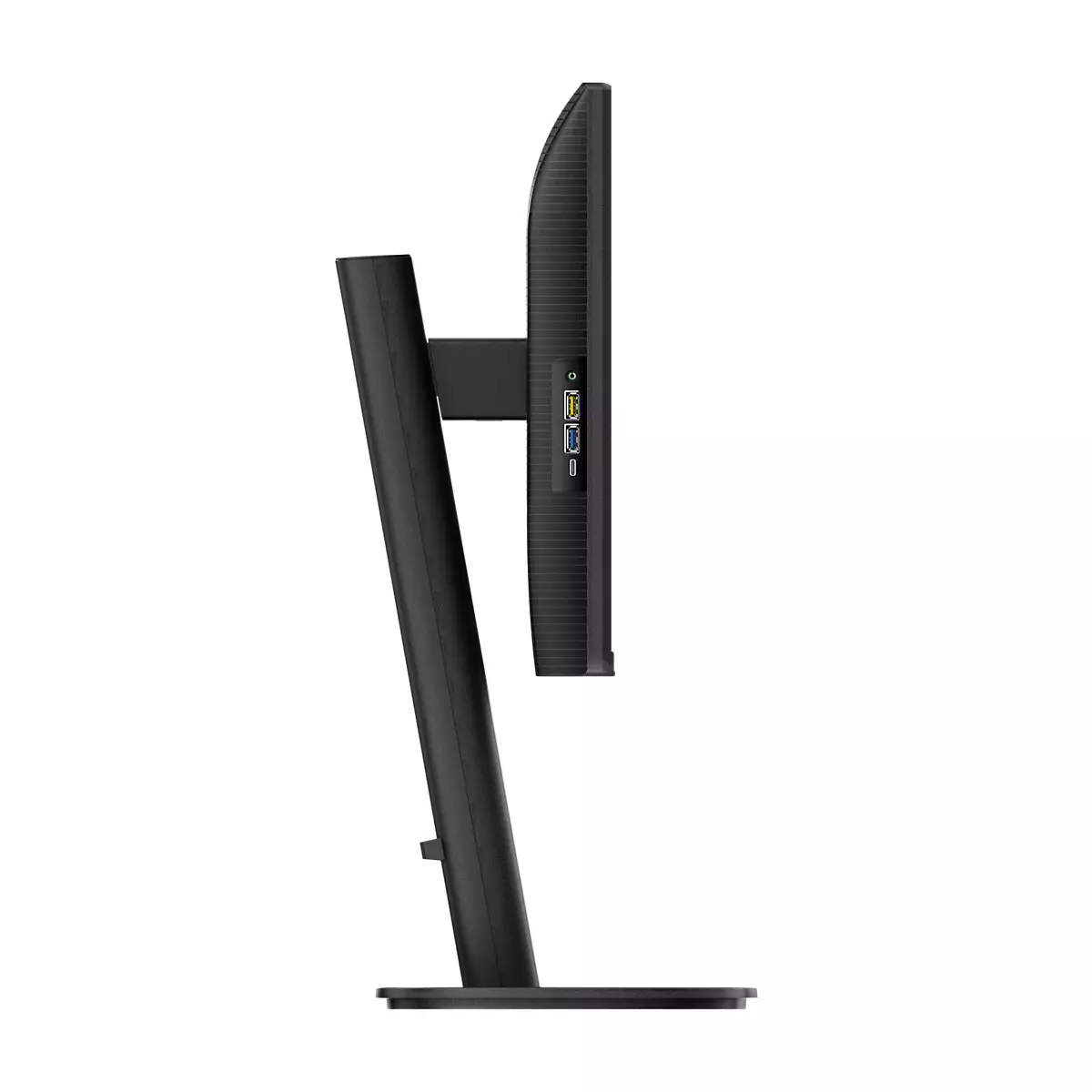 Vista laterale di un monitor per computer nero. Lo schermo è scuro con diverse porte visibili sul lato. Il supporto è nero.