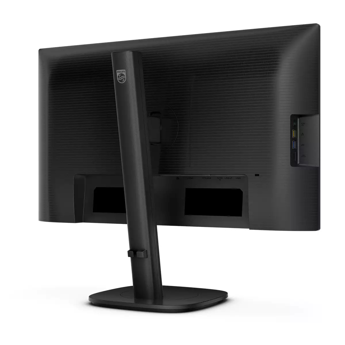 Un monitor per computer Philips nero è mostrato dal retro. Ha un supporto e diverse porte.