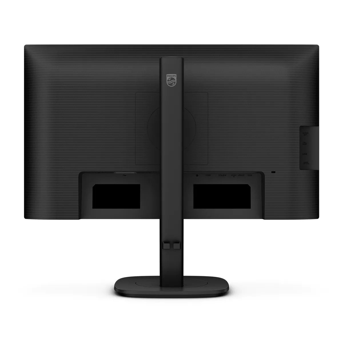 Vista posteriore di un monitor Philips nero. Ha un supporto e porte. Il logo del marchio è visibile.