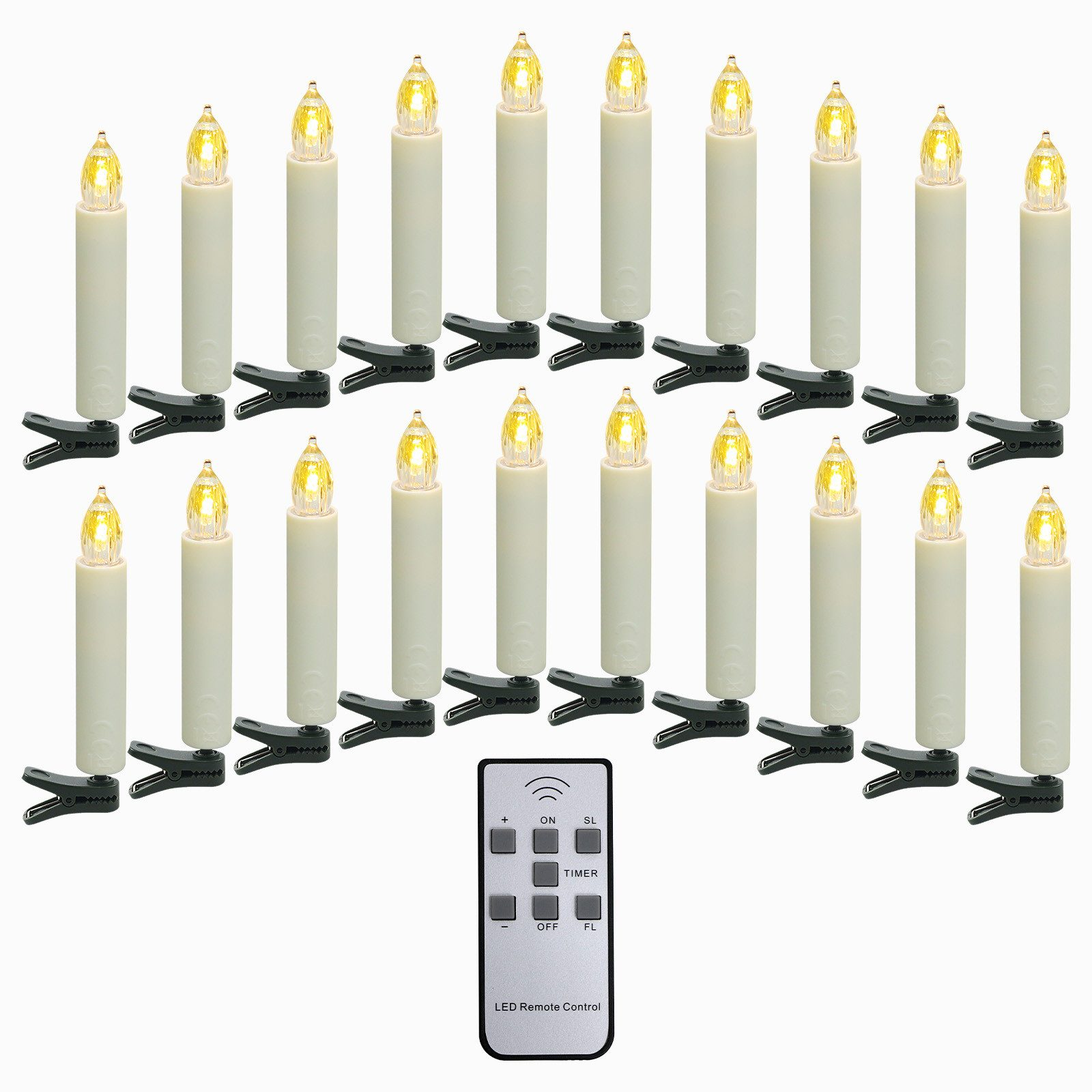 Ein Satz LED-Kerzen mit Clips und Fernbedienung. Die Kerzen sind weiß mit gelben flammenförmigen Lichtern.