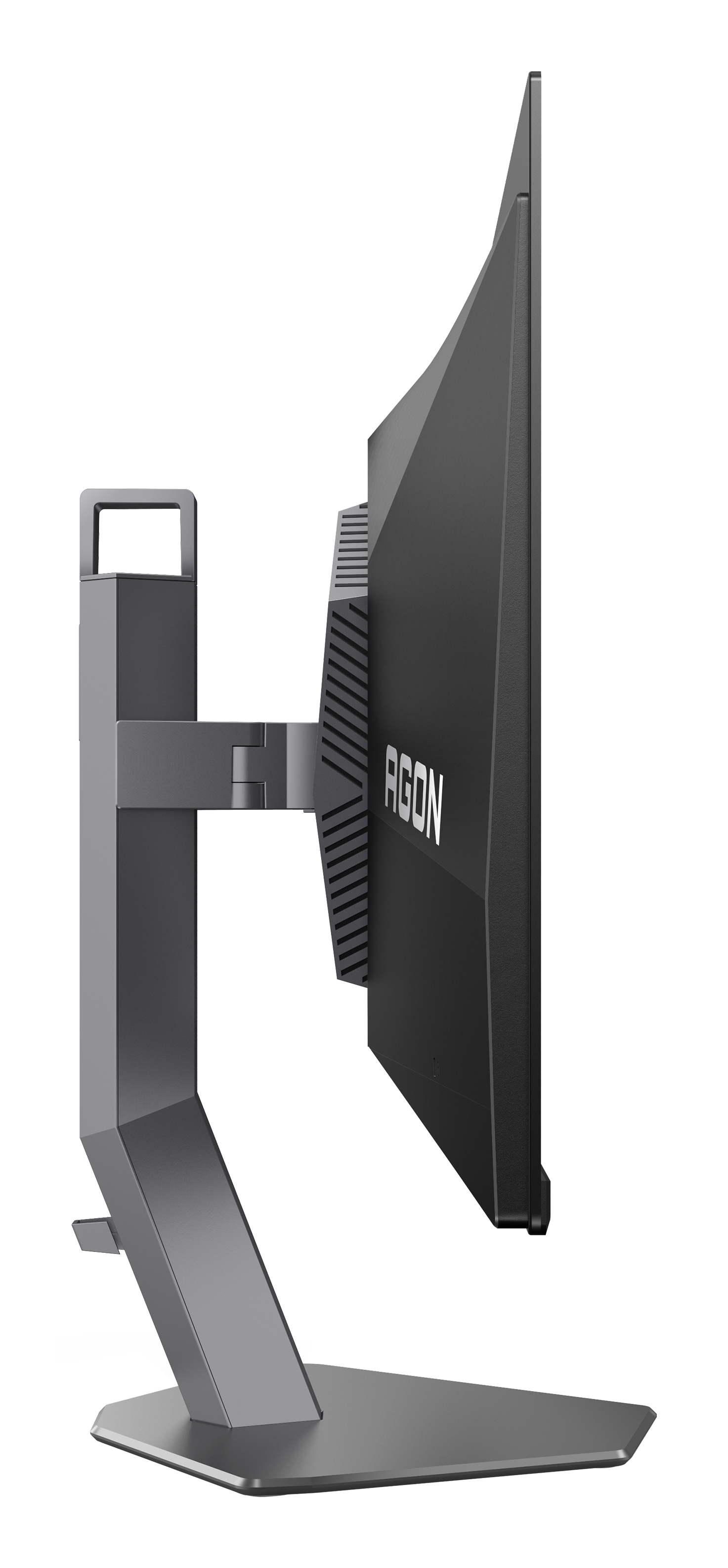 Widok z boku czarnego monitora z napisem AGON, zamontowanego na szarej podstawie, na białym tle.