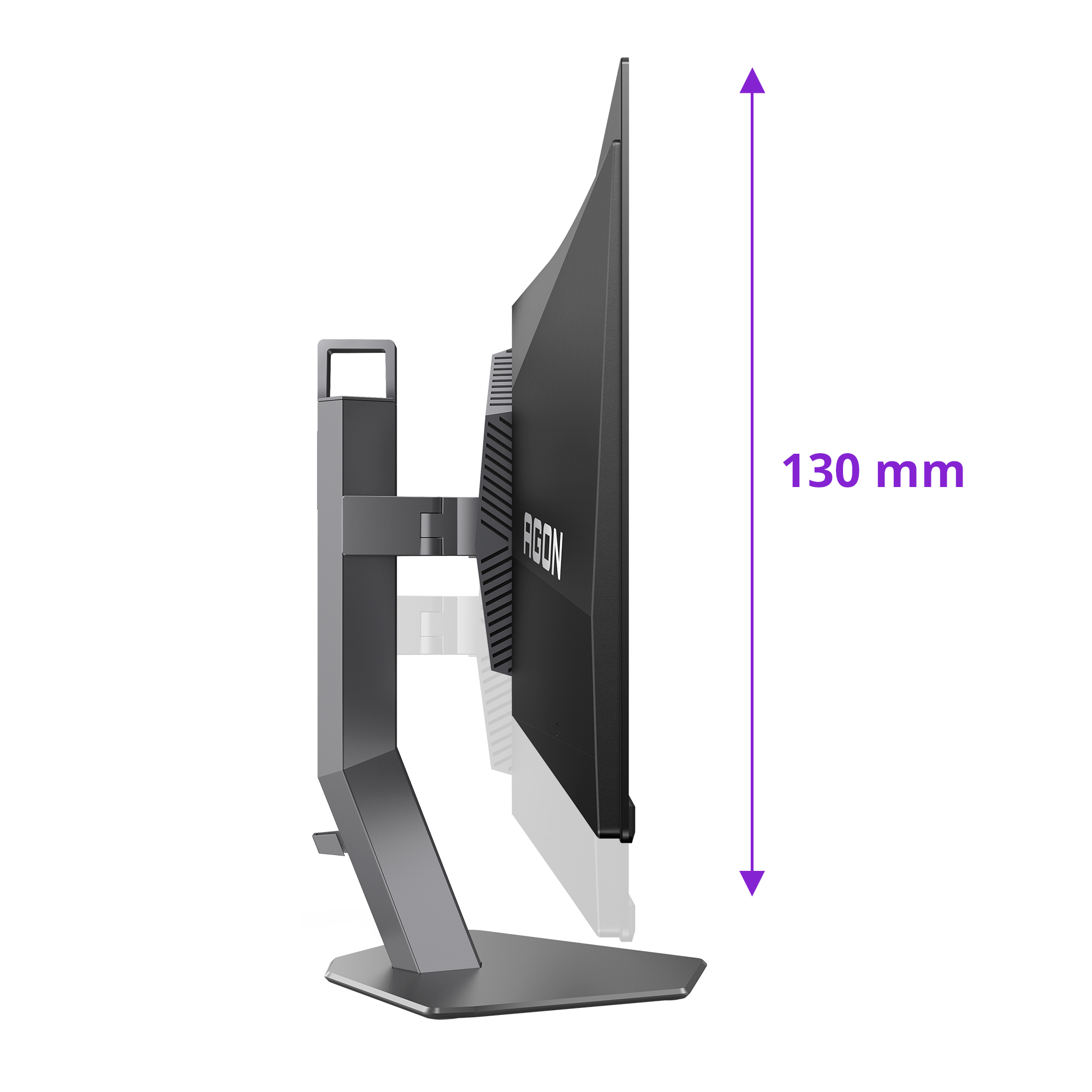 Widok z boku czarnego monitora komputerowego ze stojakiem. Fioletowa strzałka pokazuje wysokość monitora, 130 mm.