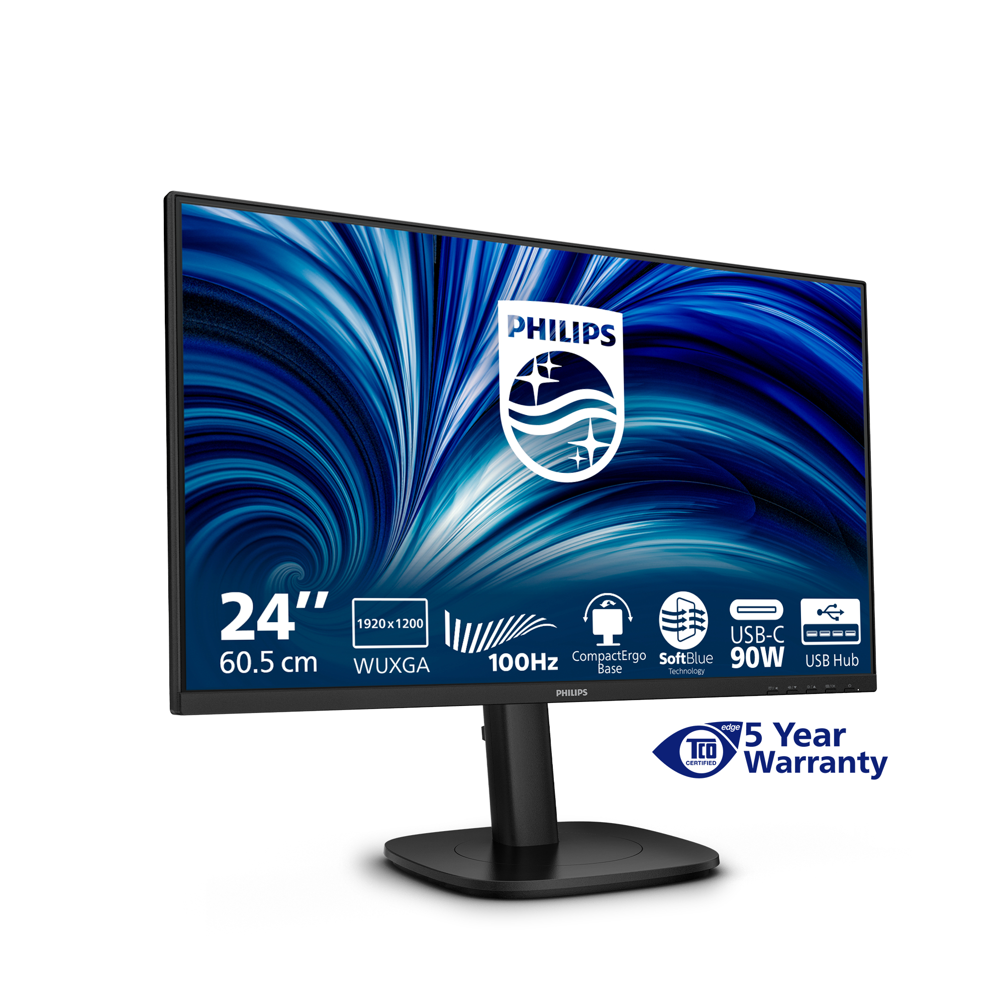 Monitor Philips 24 cali. Funkcje: 100Hz, USB-C i 5 lat gwarancji. Ekran wyświetla niebieski wzór fal.