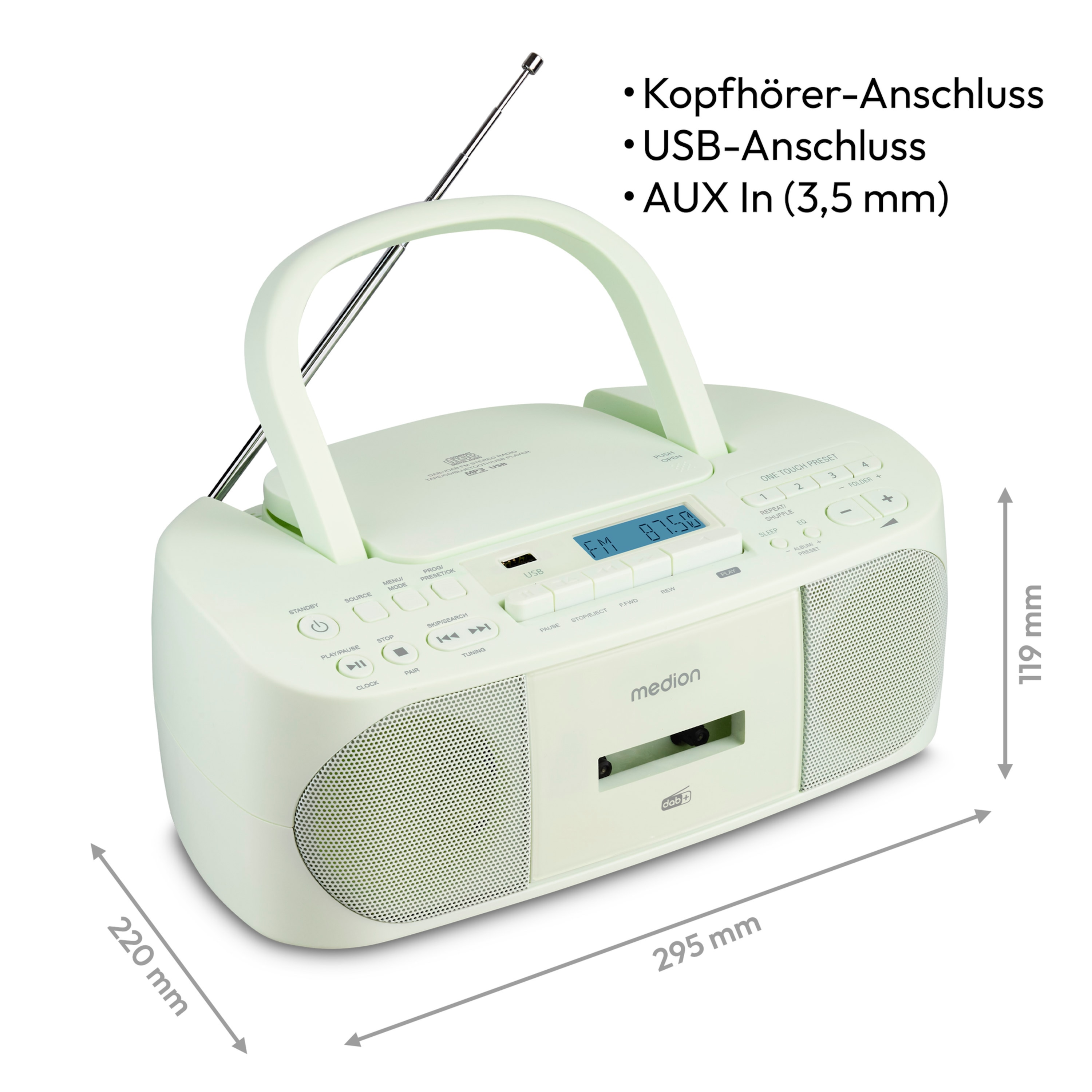 Cremefarbenes Radio mit Griff, Antenne und Maßangaben. Es hat Knöpfe und ein Kassettendeck.