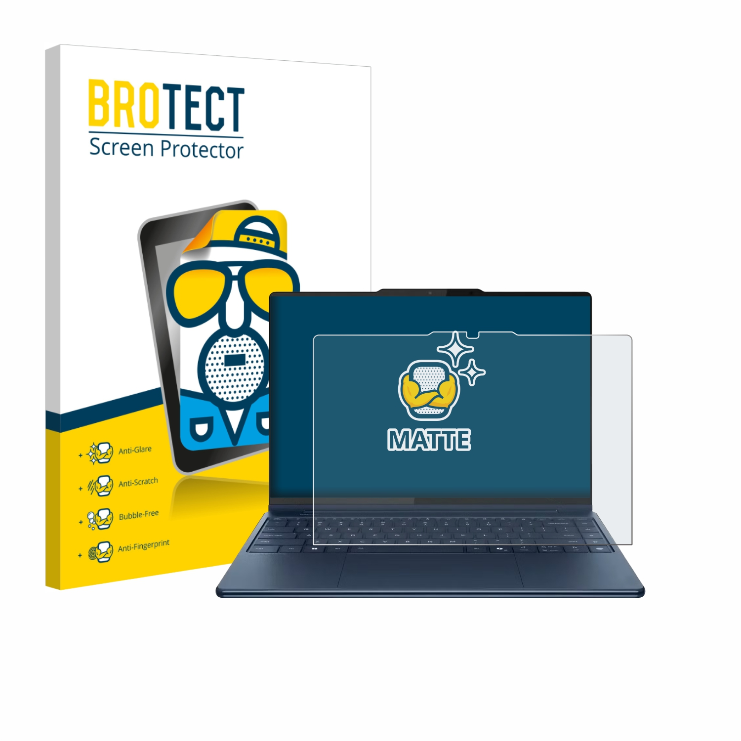 Ein Laptop mit Displayschutzfolie, eine Schachtel mit dem Markennamen 'BROTECT' und Symbolen für Entspiegelung, Kratzschutz, Blasenfreiheit und Anti-Fingerabdruck.