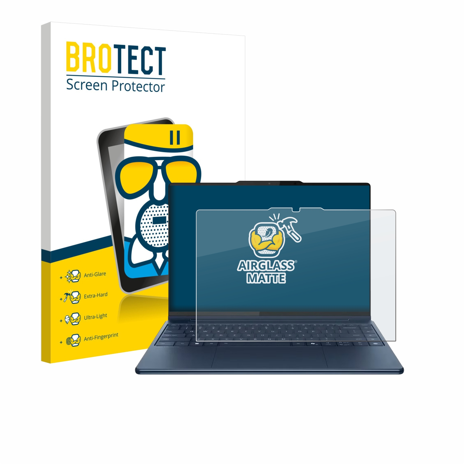 Ein Laptop mit Displayschutz, eine Schachtel mit "BROTECT Screen Protector" und Etiketten für Funktionen: blendfrei, extrahart, ultraleicht.