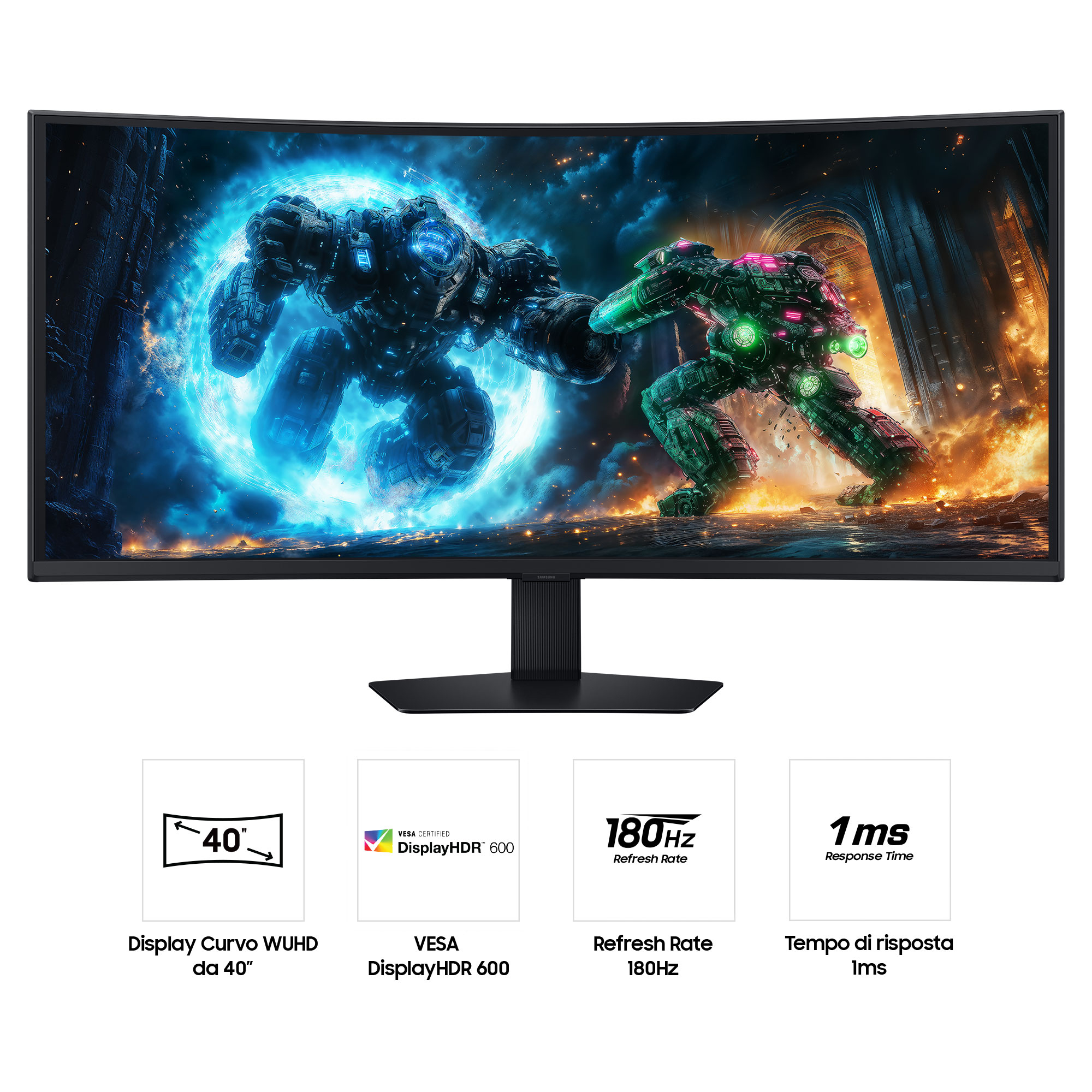 Gebogen monitor met een futuristische gevechtsscène. Kenmerken: 40", 180Hz verversingssnelheid en 1ms responstijd.
