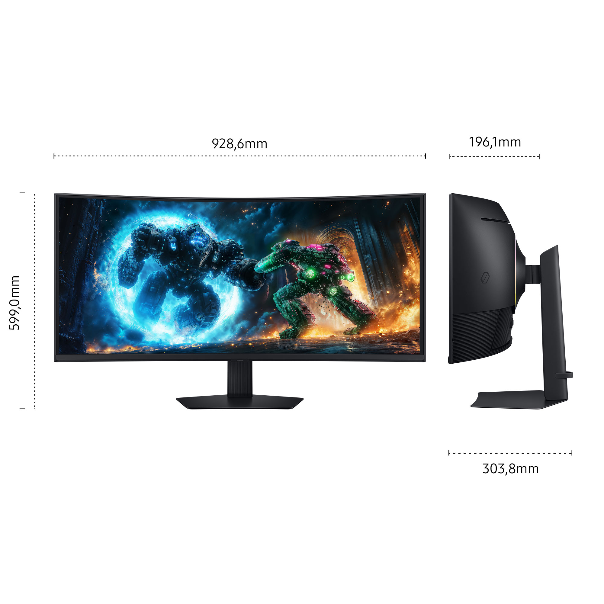 Een gebogen zwarte monitor met een game-scene. Afmetingen: 928,6 mm breed, 599,0 mm hoog, 196,1 mm diep. Zijaanzicht toont de standaard.