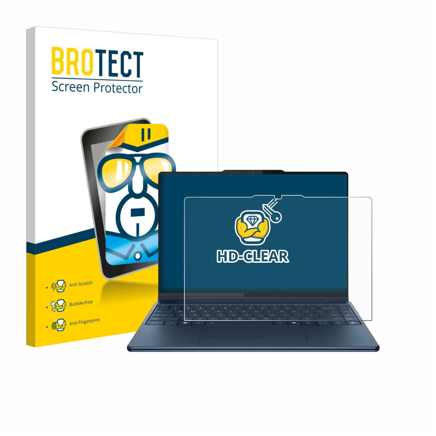 Ein Laptop mit Displayschutz, eine Schachtel mit dem Markennamen BROTECT und Icons für kratzfest, blasenfrei und Anti-Fingerabdruck.