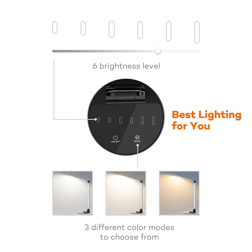 Diagramm einer Schreibtischlampe mit 6 Helligkeitsstufen und 3 Farbmodi. Mit Ein/Aus- und Modus-Tasten und dem Text 'Best Lighting for You'.