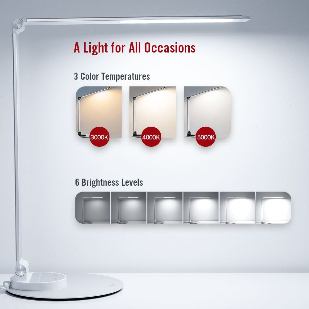 Eine weiße Schreibtischlampe mit verstellbarem Arm. Zeigt 3 Farbtemperaturen und 6 Helligkeitsstufen. Der Hintergrund ist eine weiße Wand.