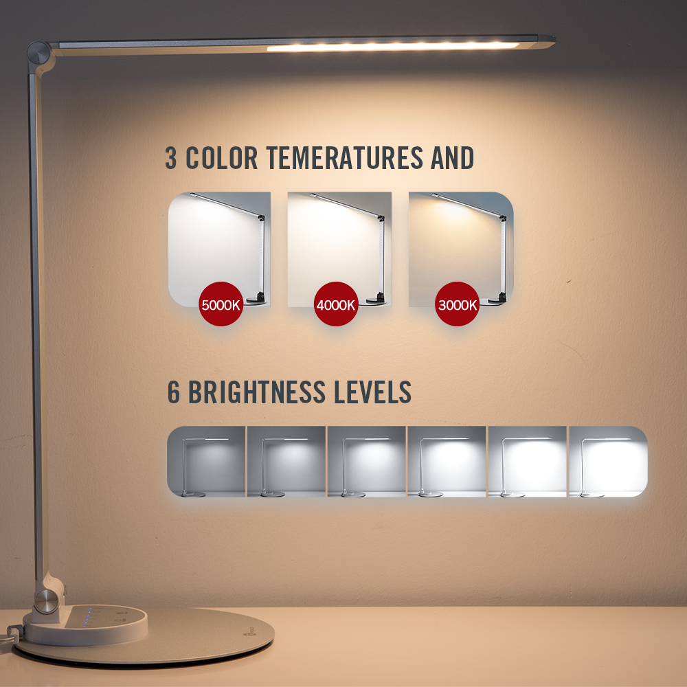 Eine Schreibtischlampe mit verschiedenen Helligkeits- und Farbtemperaturoptionen wird angezeigt. Der Sockel der Lampe steht auf einem weißen Schreibtisch.
