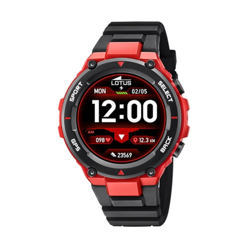 Eine rot-schwarze Lotus-Smartwatch zeigt die Uhrzeit 12:00 Uhr an. Sie hat ein schwarzes Armband und zeigt GPS, Sport und andere Metriken.