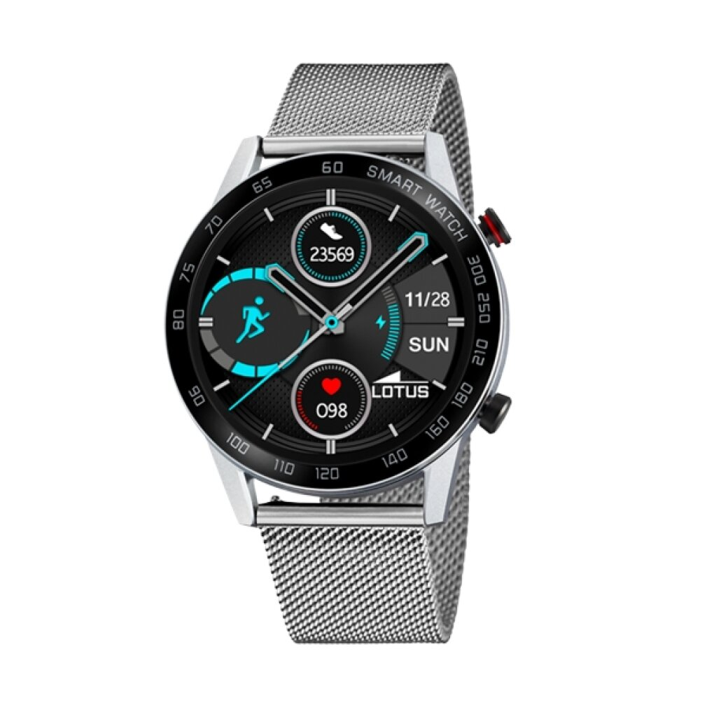 Eine silberne Smartwatch mit schwarzem Zifferblatt zeigt Metriken wie Schritte, Herzfrequenz und Datum an. Das Armband ist aus silbernem Mesh.