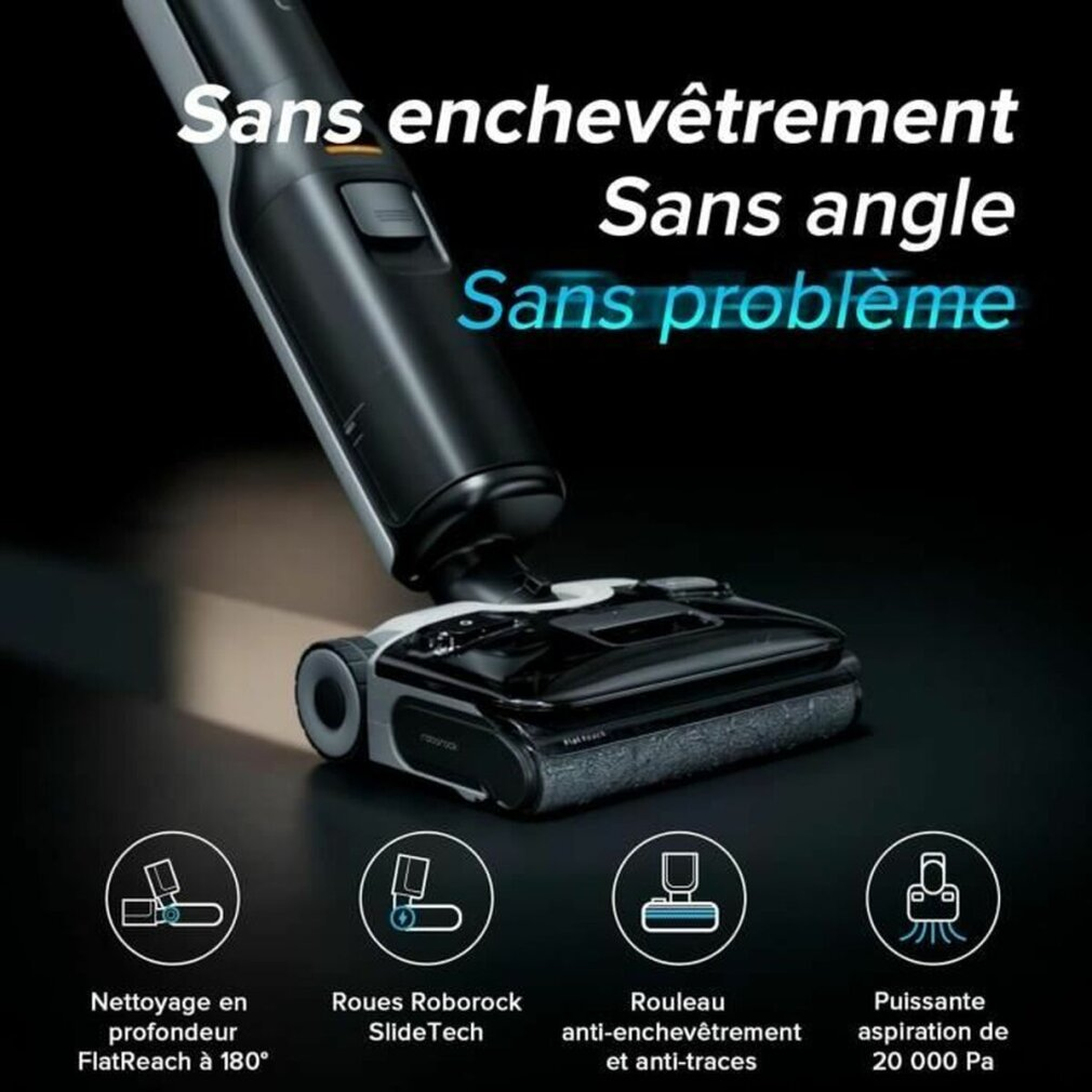 Un aspirateur noir et argenté. Le texte dit: sans enchevêtrement, sans angle, sans problème. Les icônes montrent des fonctionnalités comme le nettoyage en profondeur.
