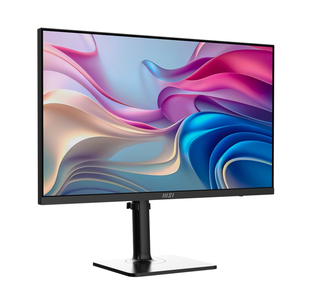 Monitor komputerowy z czarną ramką i podstawą. Ekran wyświetla kolorowy abstrakcyjny wzór z różami, błękitami i bielą.