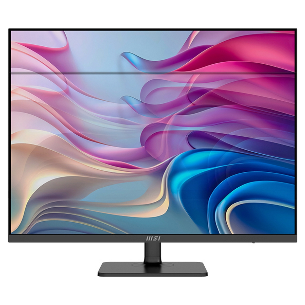 Monitor komputerowy z wirującym, kolorowym, abstrakcyjnym wzorem na ekranie. Monitor jest czarny i ma podstawkę.