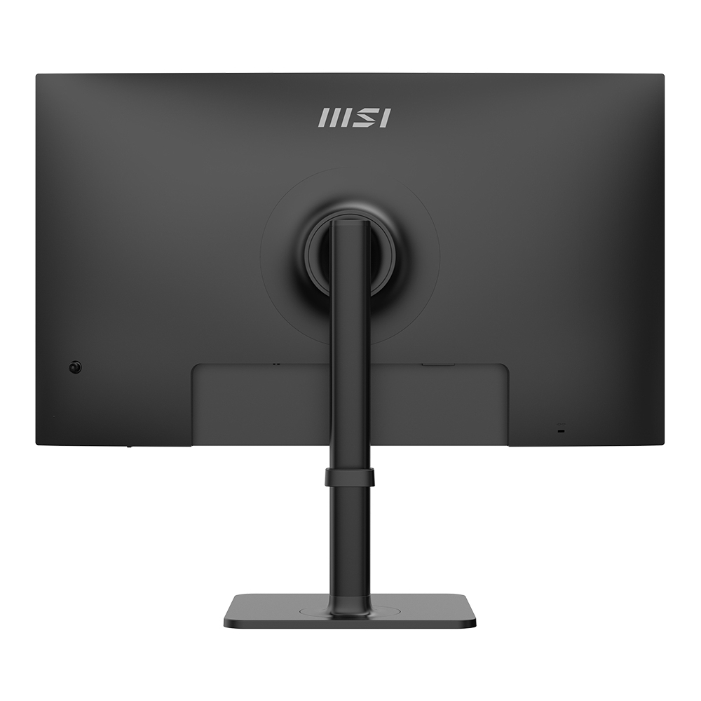 Widok z tyłu czarnego monitora komputerowego na stojaku. Widoczne jest logo MSI. Monitor znajduje się na białym tle.