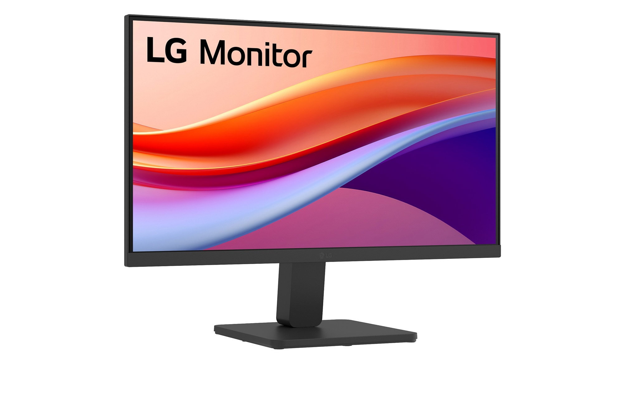 Monitor LG z kolorowym wyświetlaczem. Ekran pokazuje pomarańczowe, fioletowe i białe abstrakcyjne kształty. Podstawa jest czarna.