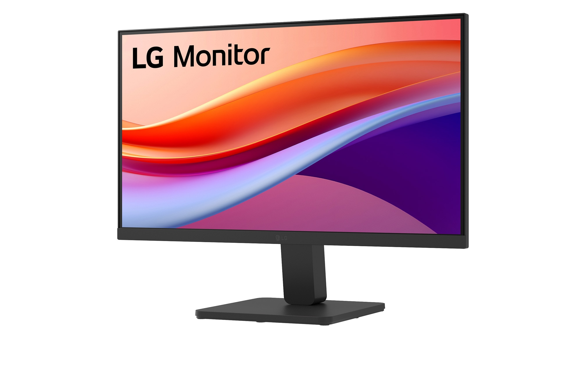Monitor LG wyświetla abstrakcyjny obraz w kolorach pomarańczowym, fioletowym i niebieskim. Monitor jest czarny i stoi na czarnej podstawie.