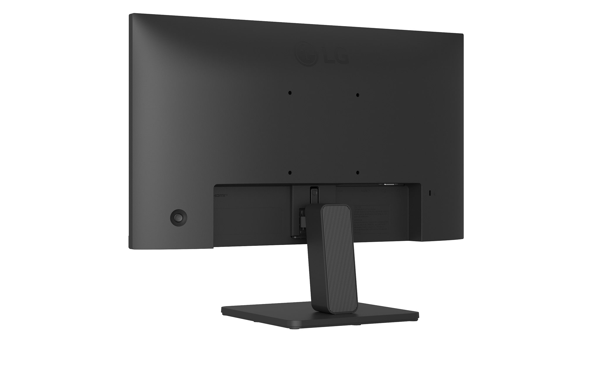 Widok z tyłu czarnego monitora LG ze stojakiem. Monitor ma porty i logo. Stojak jest prostokątny.