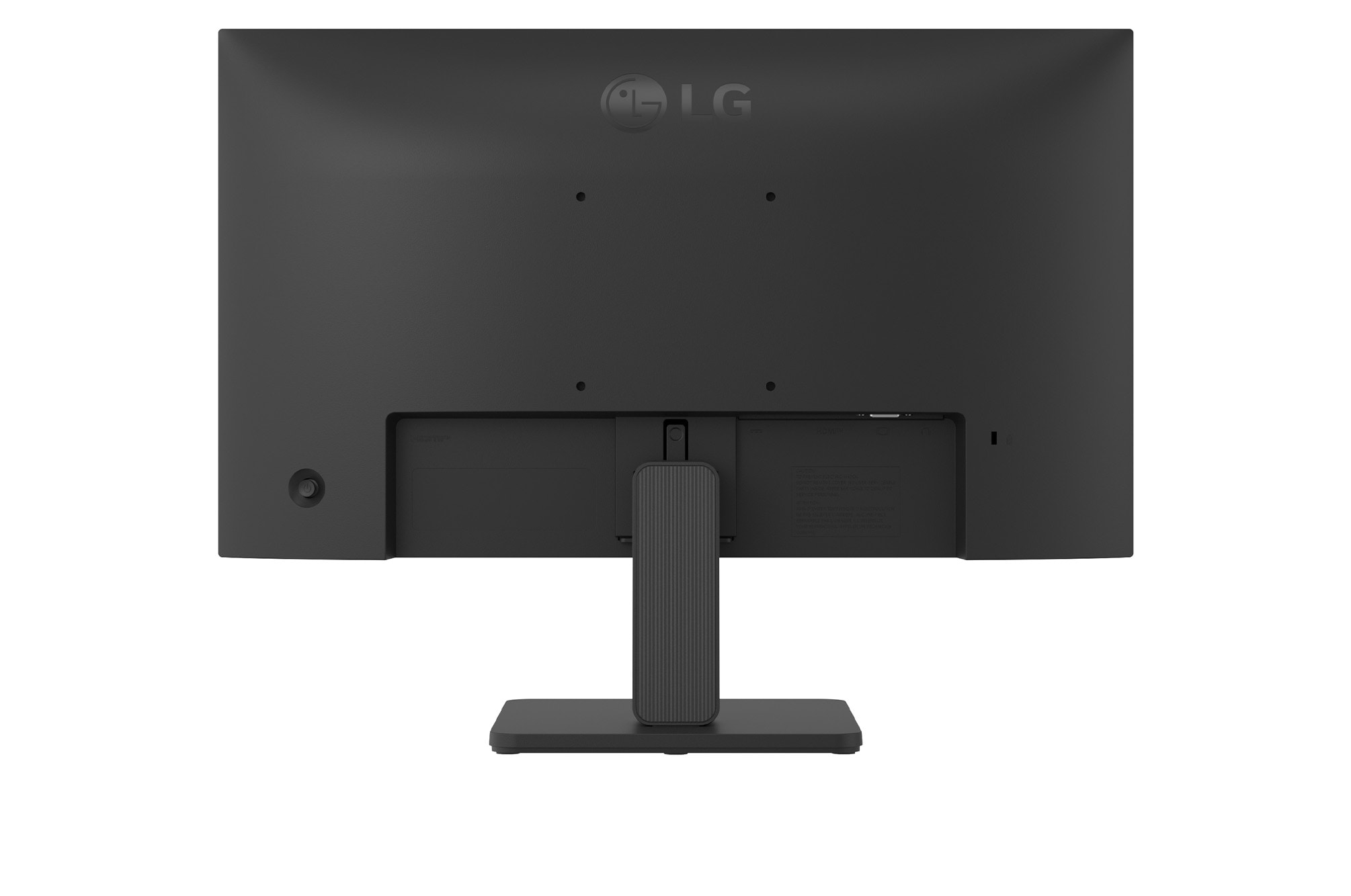 Widok z tyłu czarnego monitora LG, pokazujący podstawę, porty i logo LG. Tło jest białe.