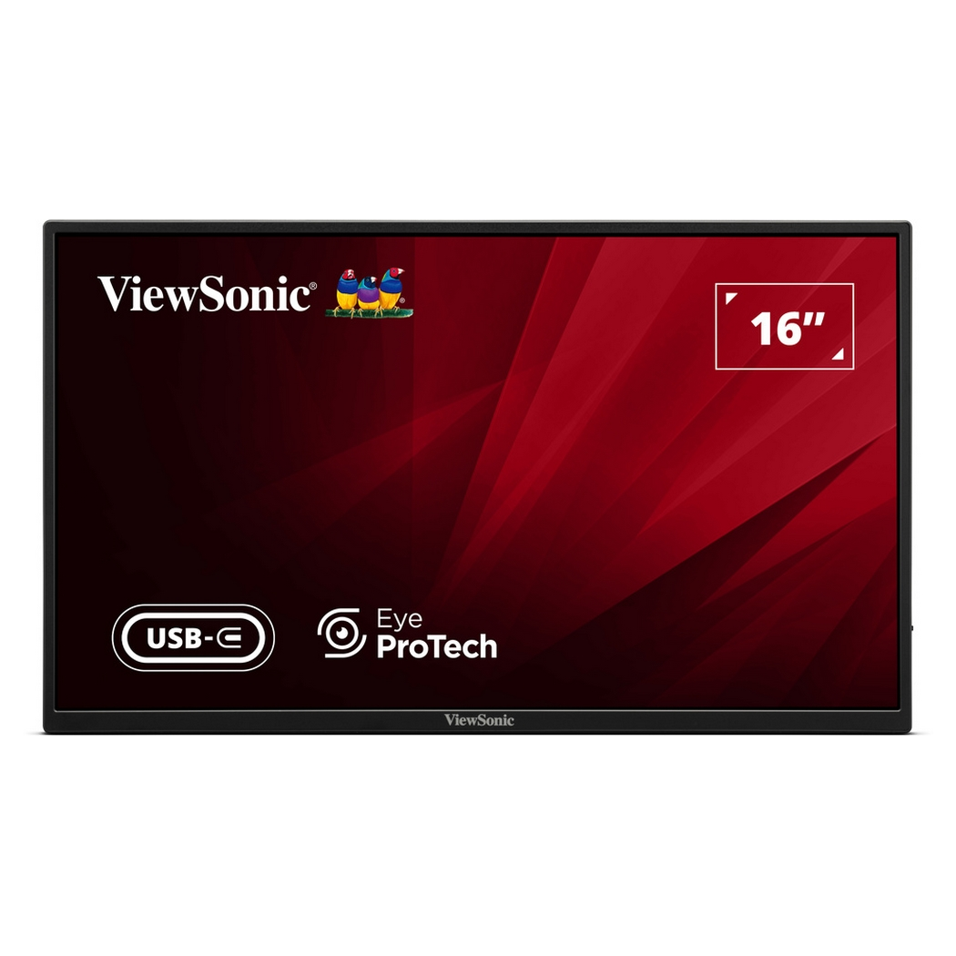 Un moniteur ViewSonic 16 pouces avec USB-C et Eye ProTech. Il a un fond rouge dégradé et le logo ViewSonic.