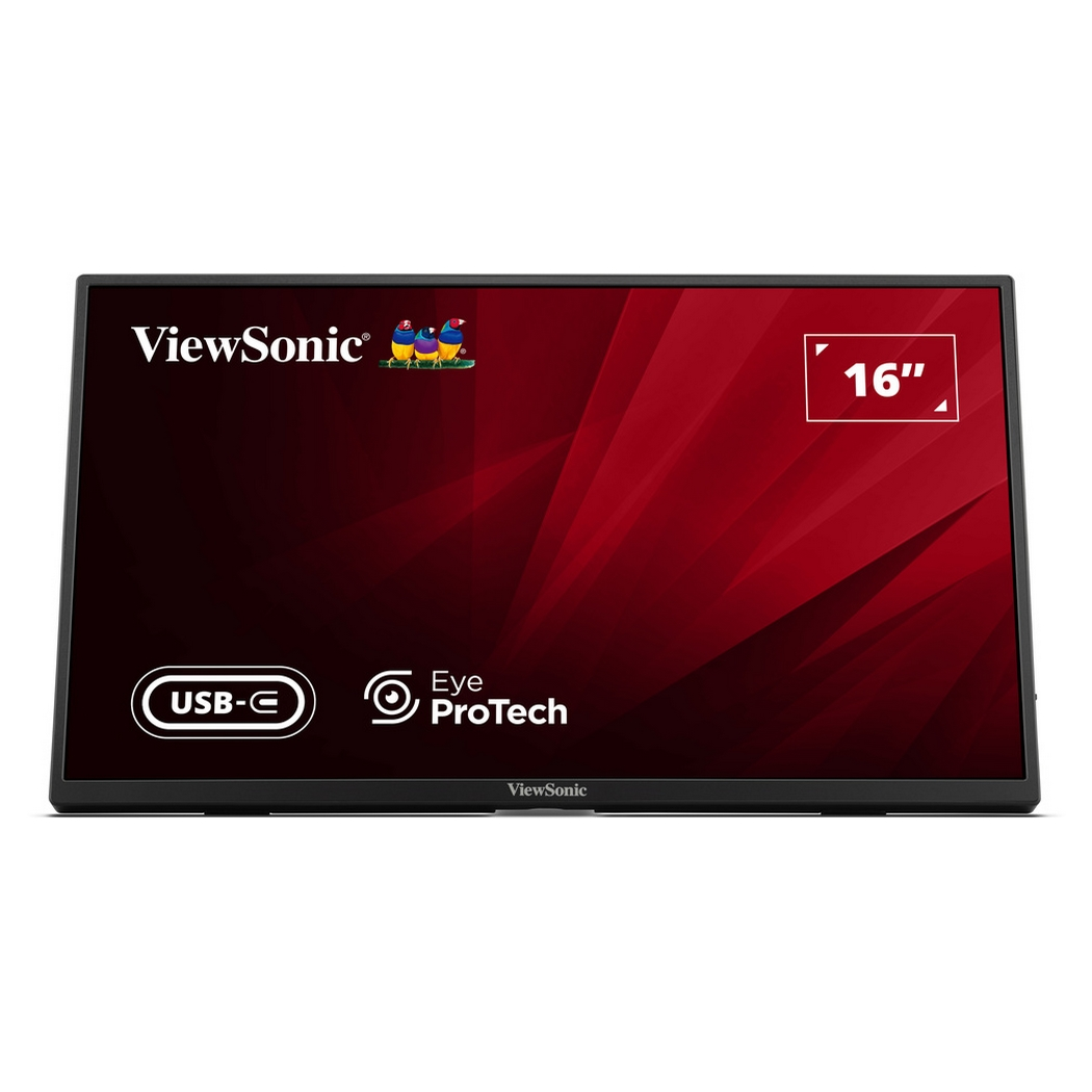 Un moniteur ViewSonic 16 pouces avec USB-C et fonctions Eye ProTech. Il a un fond rouge et noir.