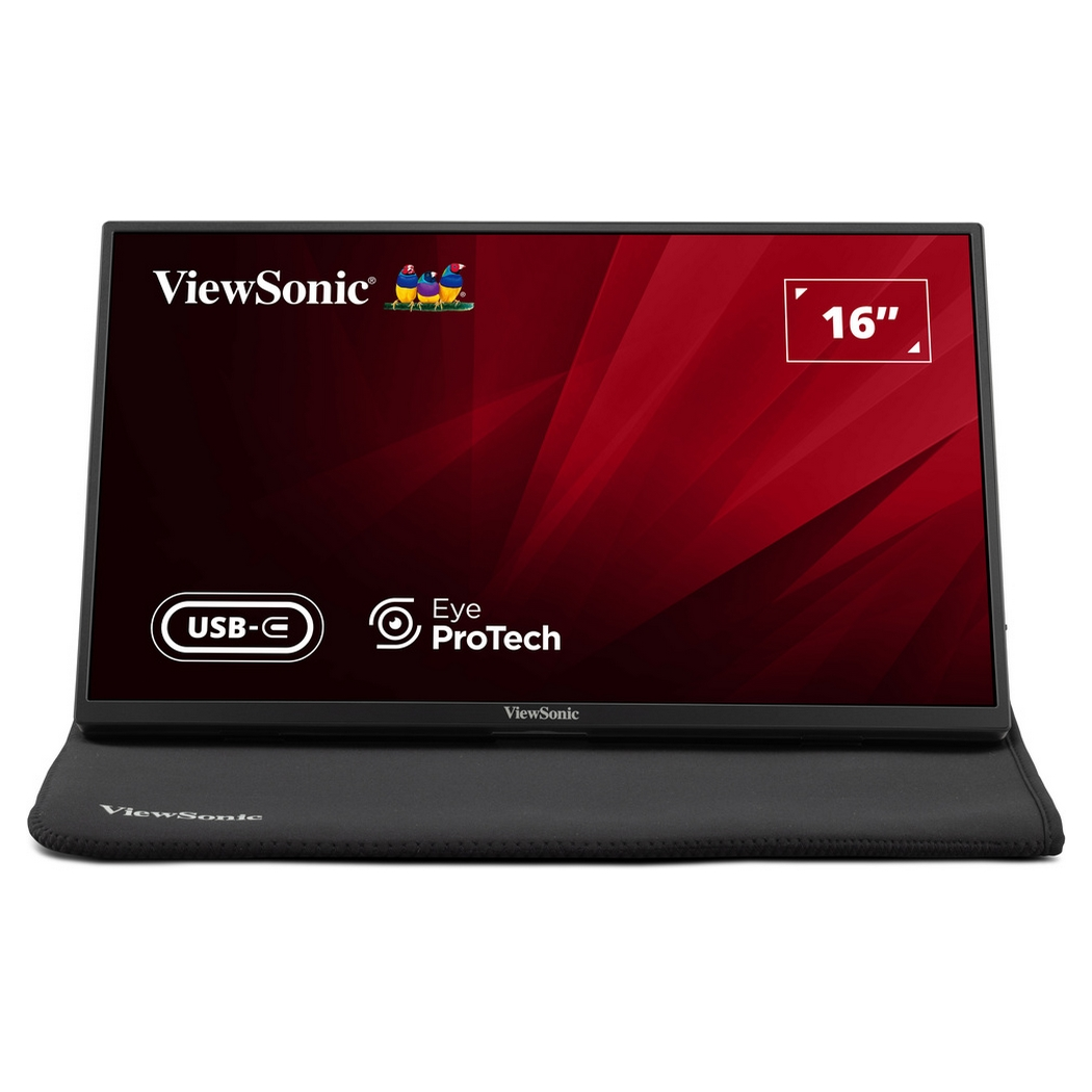 Un moniteur portable ViewSonic de 16" avec un écran rouge et noir. Il possède des fonctionnalités USB-C et Eye ProTech et repose sur un étui noir.