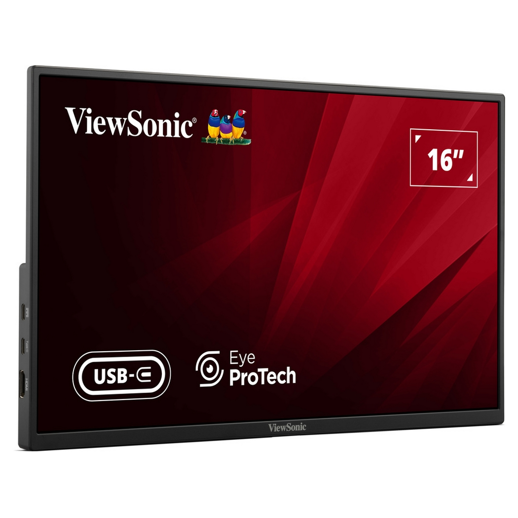 Un moniteur ViewSonic de 16 pouces avec un fond dégradé rouge. Comprend des logos pour USB-C et Eye ProTech, et un logo ViewSonic.