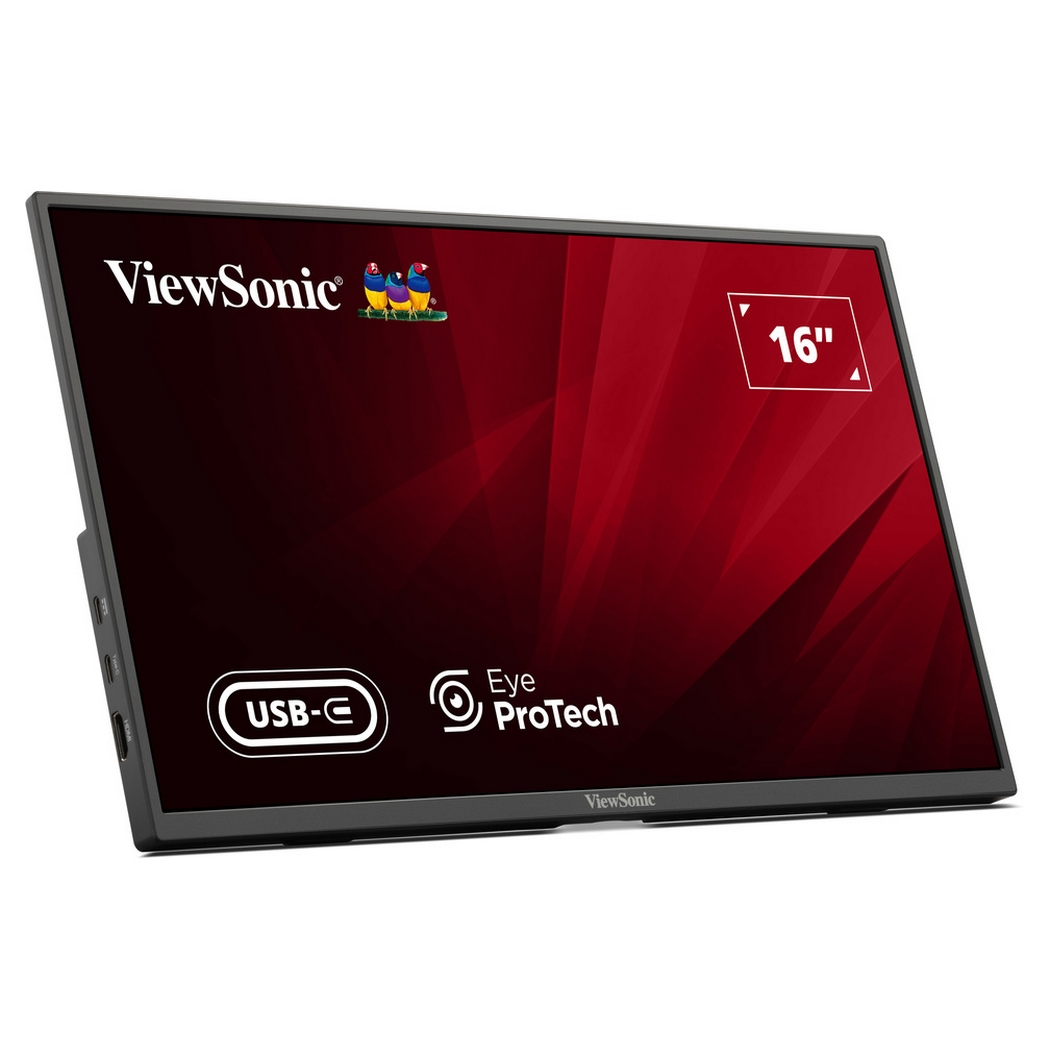 Un écran ViewSonic 16". Il a un fond rouge avec des lignes obliques. Comprend USB-C et Eye ProTech.