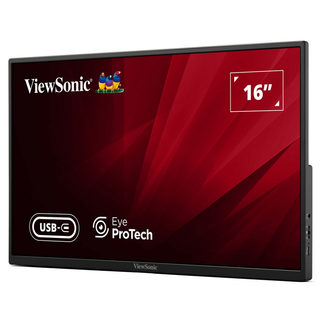 Un moniteur ViewSonic de 16 pouces avec un fond rouge et du texte blanc. Il dispose de fonctions USB-C et Eye ProTech.