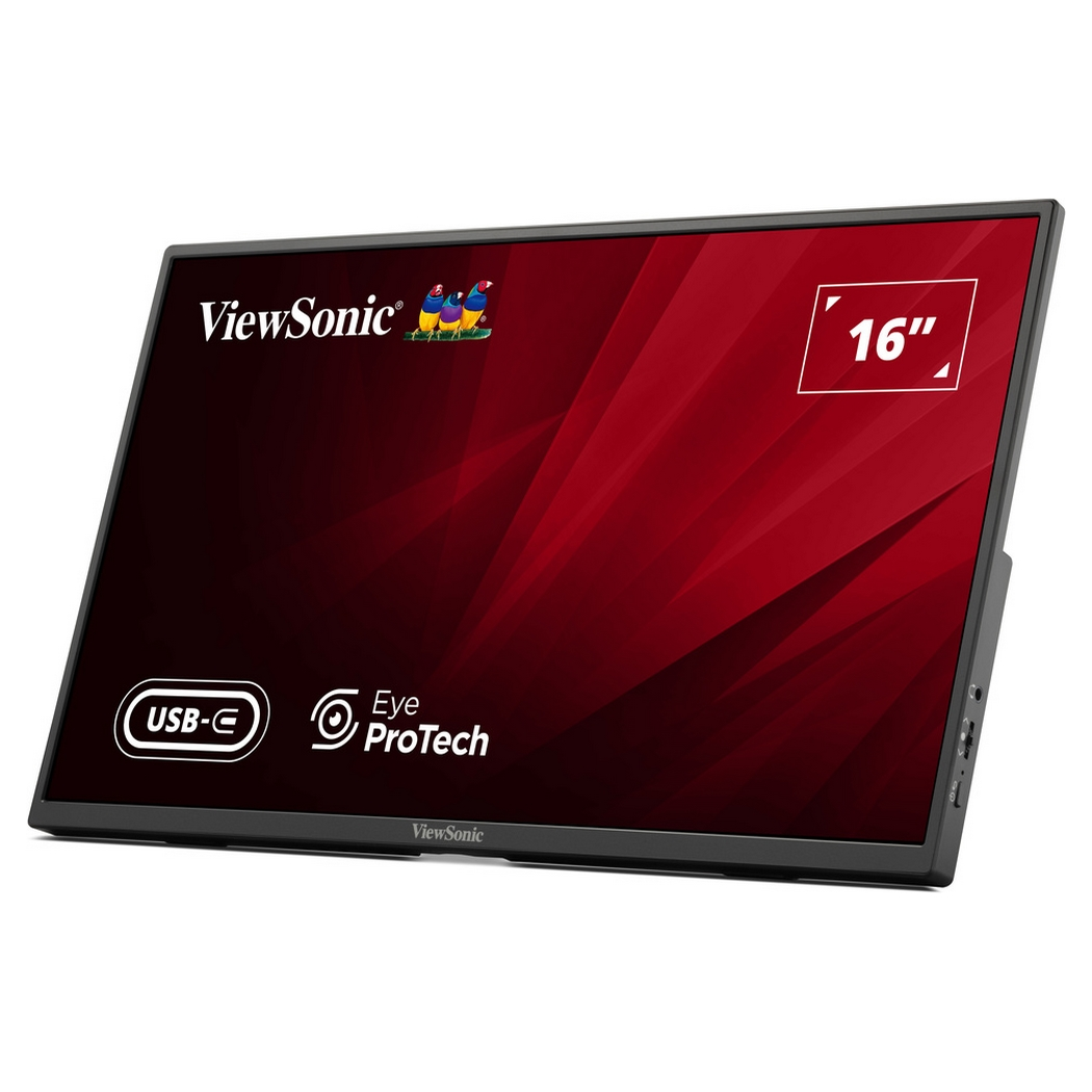 Un moniteur ViewSonic 16 pouces avec USB-C et Eye ProTech. Il a un fond dégradé rouge et le logo de la marque.