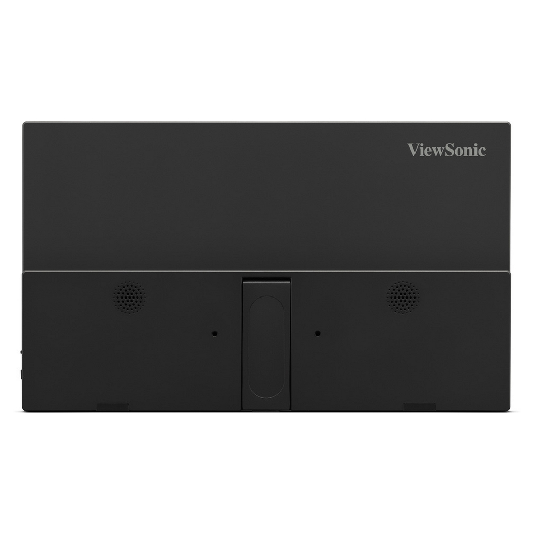 Un moniteur ViewSonic noir. Il a des haut-parleurs, un cache de port et le logo ViewSonic en haut à droite. Le moniteur est sur fond blanc.