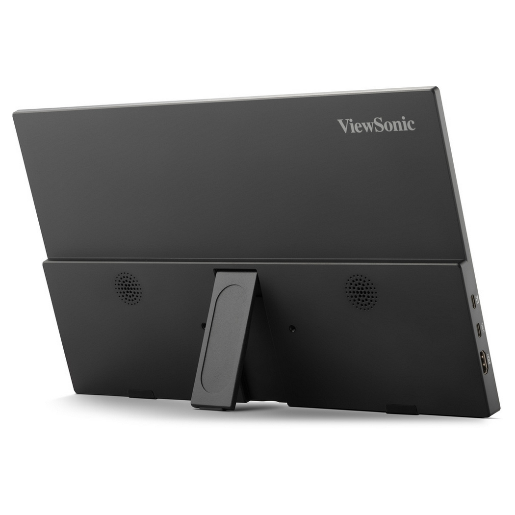 Un moniteur portable ViewSonic noir, vue arrière. Il a un support, des haut-parleurs et des ports. Le fond est blanc.