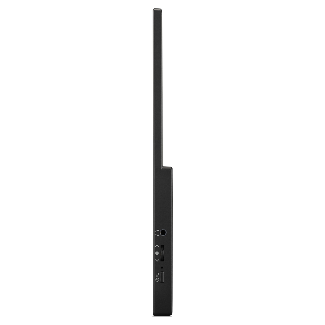 Un dispositivo elettronico nero e sottile, forse un monitor o un tablet, visto di lato. Ha porte, un selettore e un pulsante di accensione.