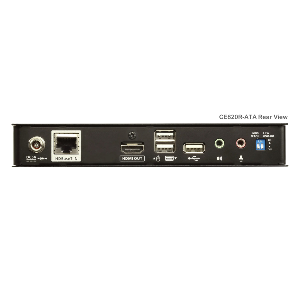 Vue arrière d'un appareil noir avec ports : DC5V, HDBaseT, HDMI, USB, prises audio et commutateurs 'Long Reach'.