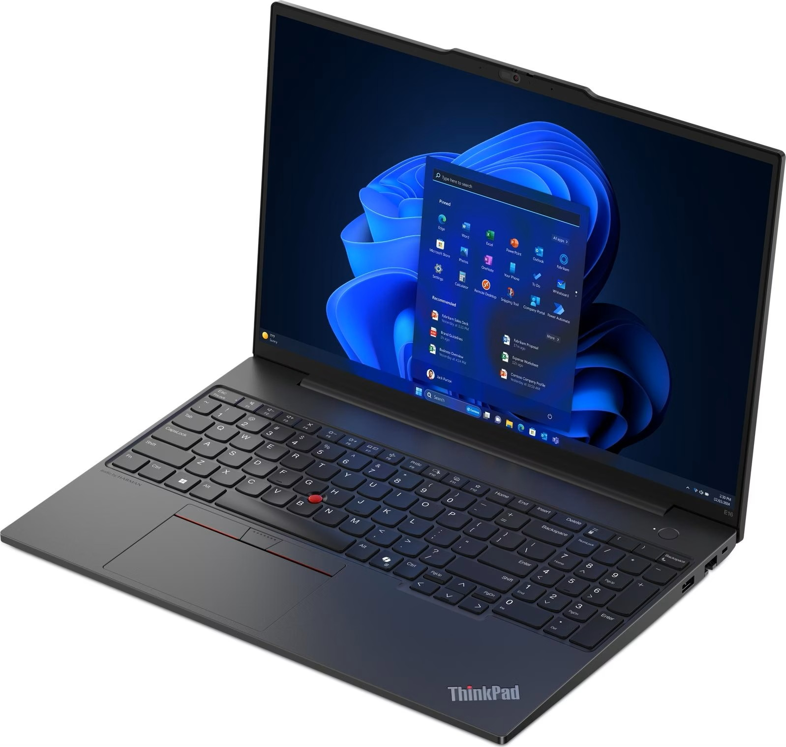 Ein schwarzer ThinkPad-Laptop ist geöffnet und zeigt eine Windows-Oberfläche an. Die Tastatur ist sichtbar, mit dem ThinkPad-Logo unten.