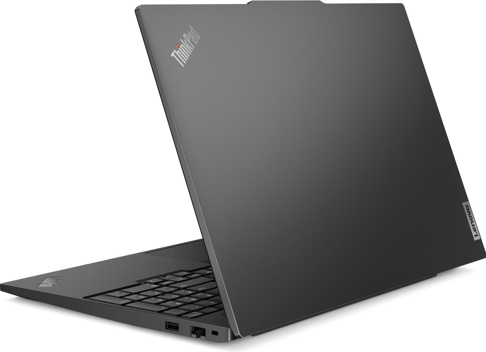 Ein dunkelgraues Lenovo ThinkPad-Laptop ist leicht geöffnet und zeigt die Tastatur. Das ThinkPad-Logo ist sichtbar.